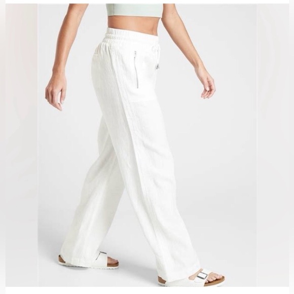 Athleta Cabo Linen Wide Leg Pants White Drawstring Zip Pockets Petite Size S-2P - Picture 5 of 8